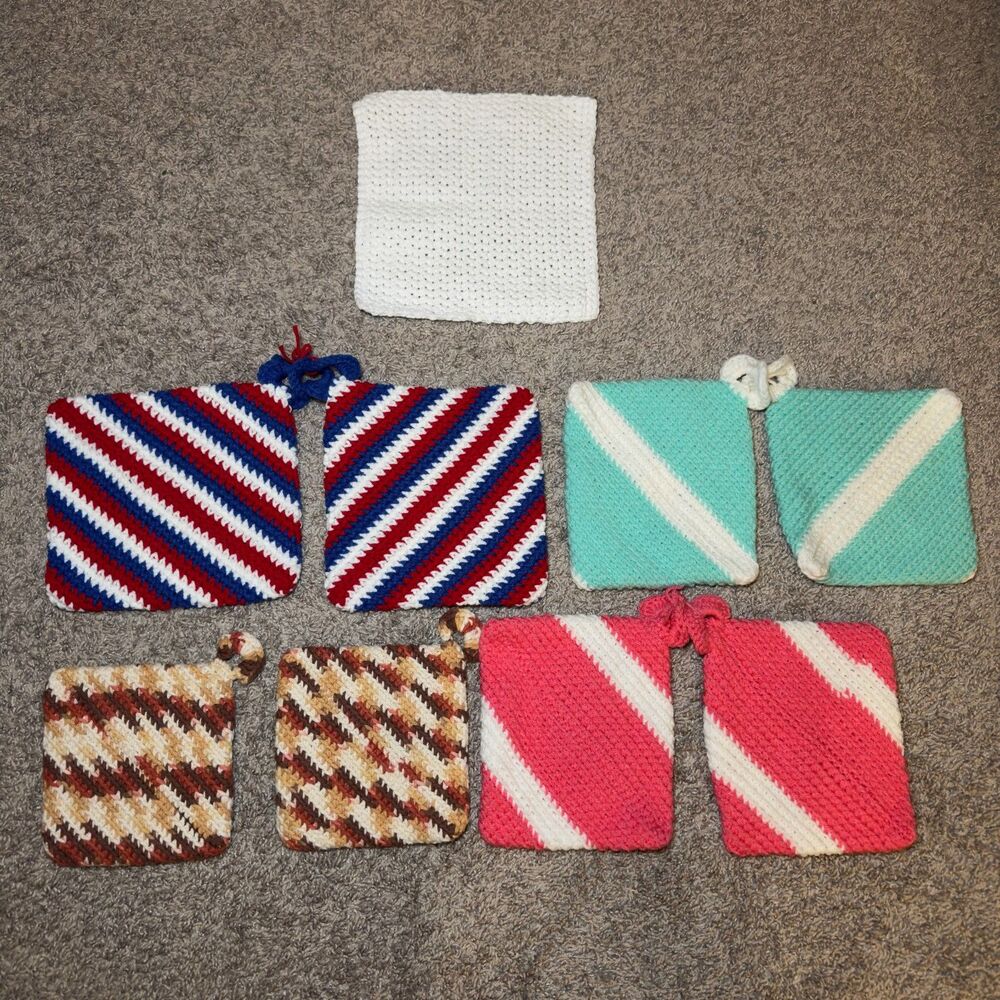 Hand Crochet Hot Pads Pink Blue Brown USA Kitchen Farmhouse Cottage LOT of 9